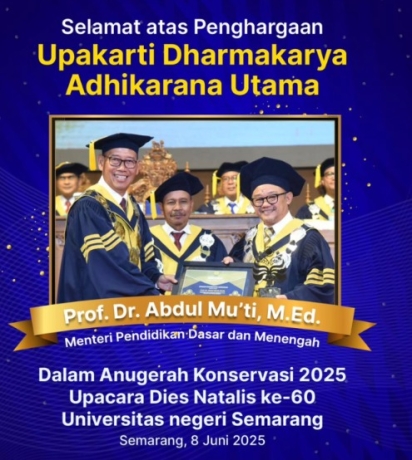 Mendikdasmen Terima Anugerah Konservasi 2025 Kategori Upakarti Dharmakarya Adhikarana dari UNNES 