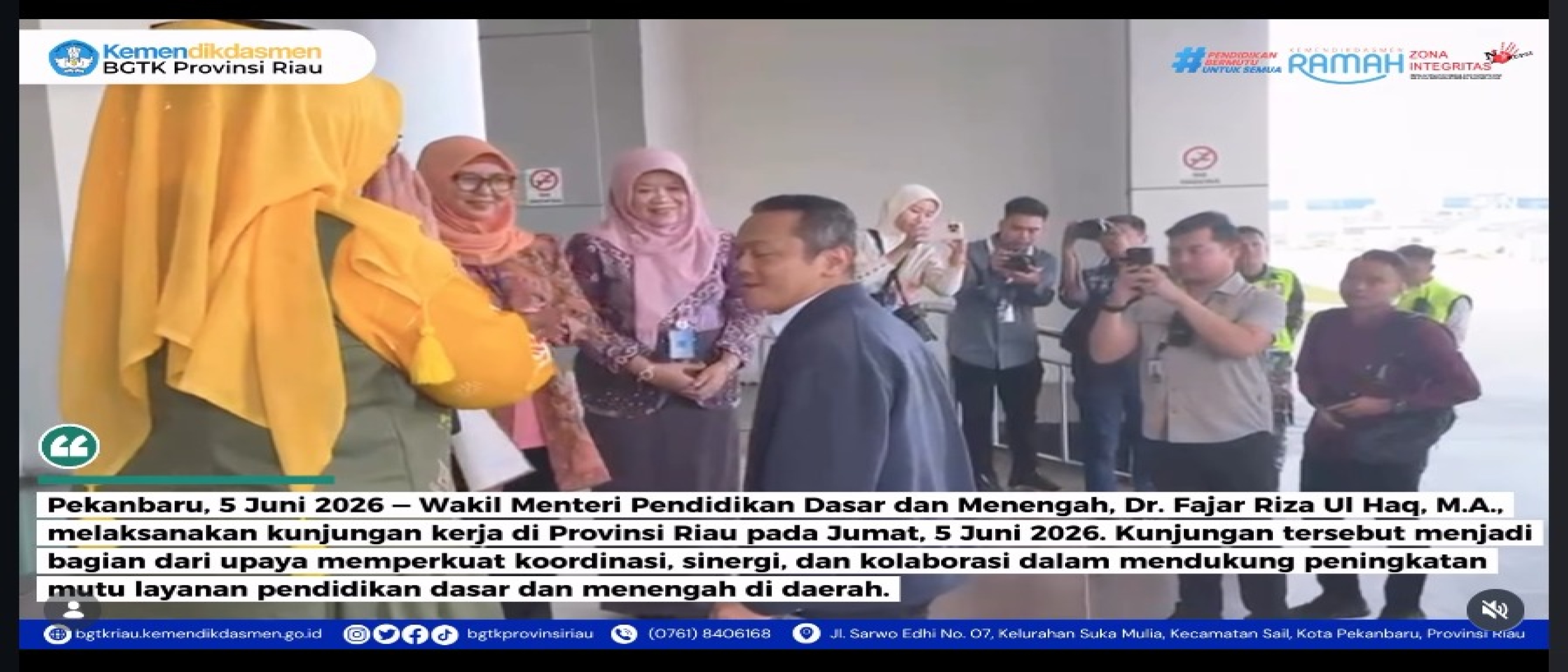Wamendikdasmen Laksanakan Kunjungan Kerja ke Provinsi Riau, Perkuat Sinergi Peningkatan Mutu Pendidikan